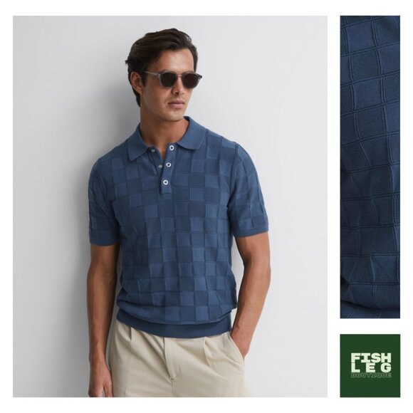 Reiss | "Blaze" Checked Cotton Polo - Sz S / Marine Blue - Picture 1 of 10